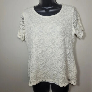 NY Collection Lace Short Sleeve White Top sz M
